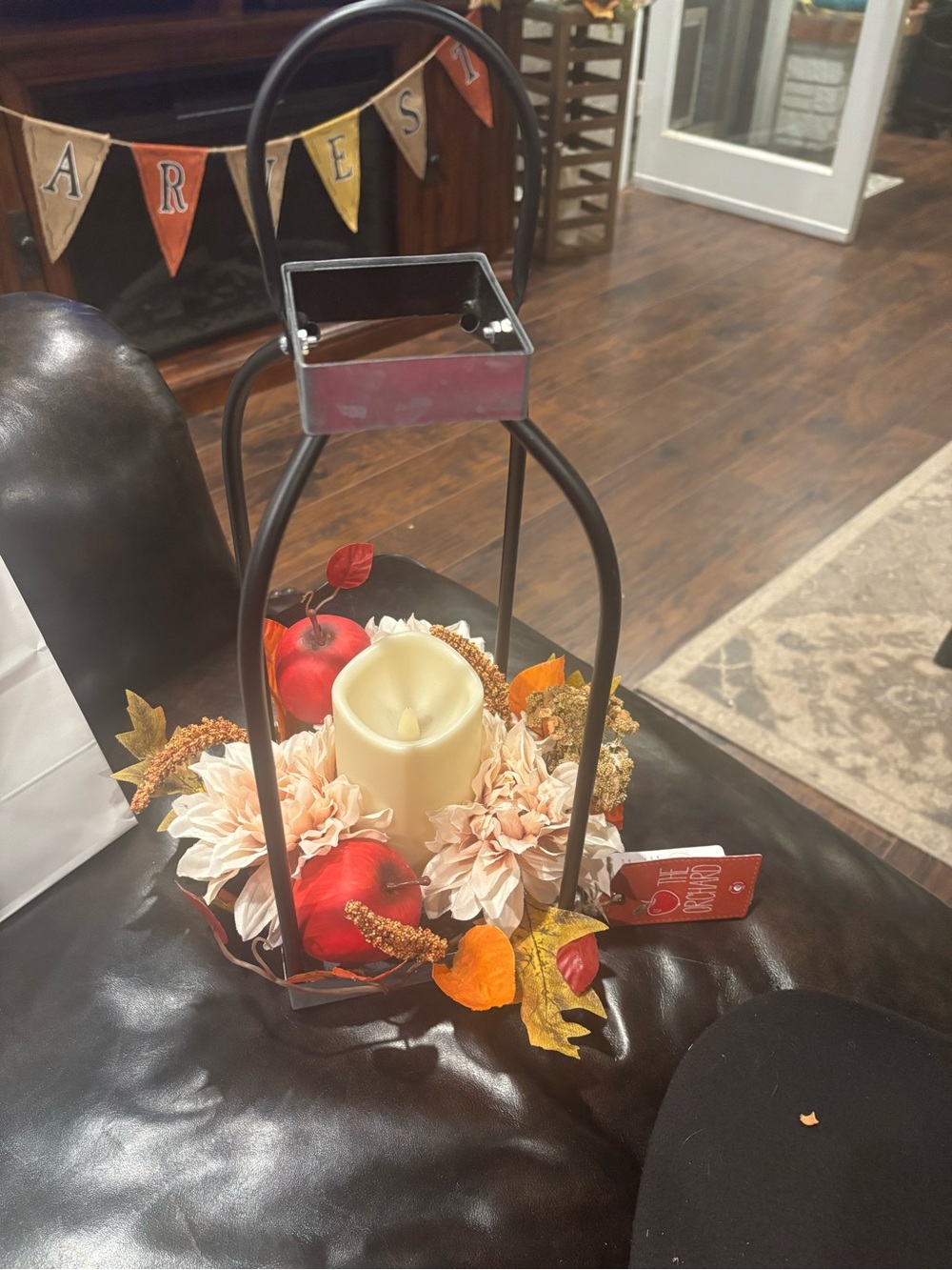 Decorative Black Lantern Centerpiece with Cream Candle and Autumn Accents